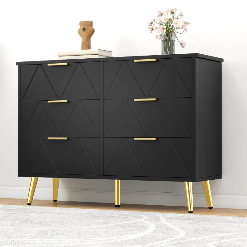 Cómoda yitahome de 6 cajones, cómoda grande de madera, armario de almacenamiento deslizante, mueble de oficina o sala de estar, color negro