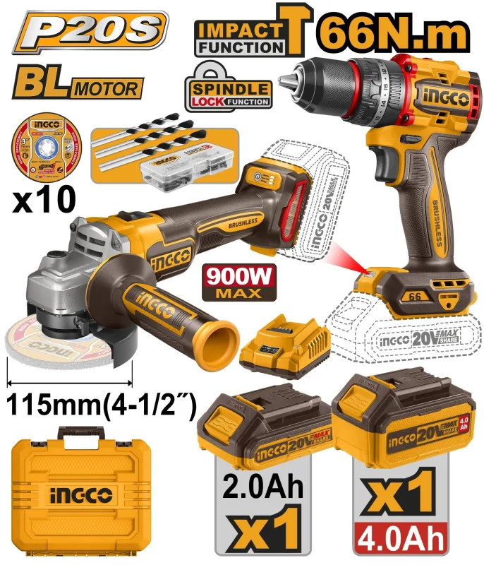 Ingco pack 20v. amoladora 115 900w +taladro+cargador +1bateria 2.0ah +1bateria 4.0ah+10 discos+kit brocas