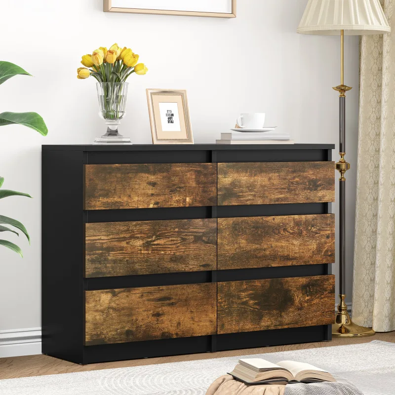 Cómoda de madera yitahome, 6 cajones con correderas, almacenamiento moderno, negro y marrón rústico