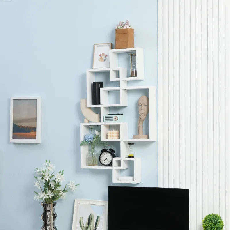 Étagère murale suspendue avec 5 cubes et 9 compartiments en bois de sapin blanc - dimensions 49,5x10,2x86 cm, idéale pour salon, bureau et décoration