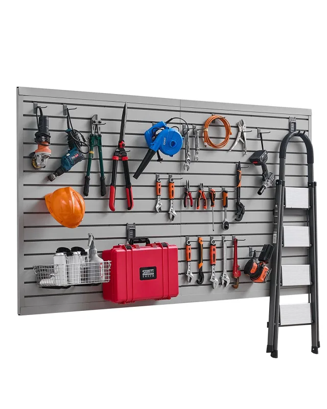 Panel de listones para garage,vevor 1225 x 2450 mm,panel de almacenaje de herramientas pvc con accesorios,soporte de pared con ganchos,gris