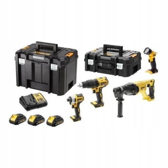 Kit 4 outils xr 18v 3ah-li-ion brushless perceuse visseuse + conducteur d'impact + marteau perforateur + lampe de poche - dewalt - dck440l3t-qw