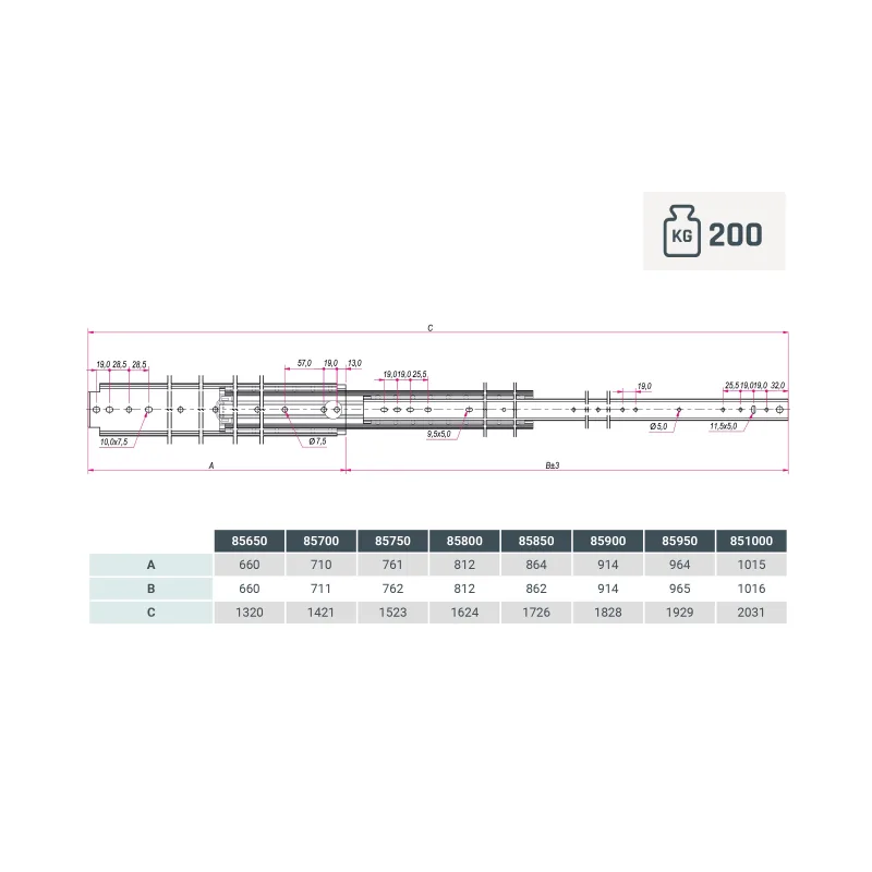 85 - 1000 mm par de guías para cajón con accionamiento de bola, carga pesada, extensión completa - 200 kg (2 piezas)