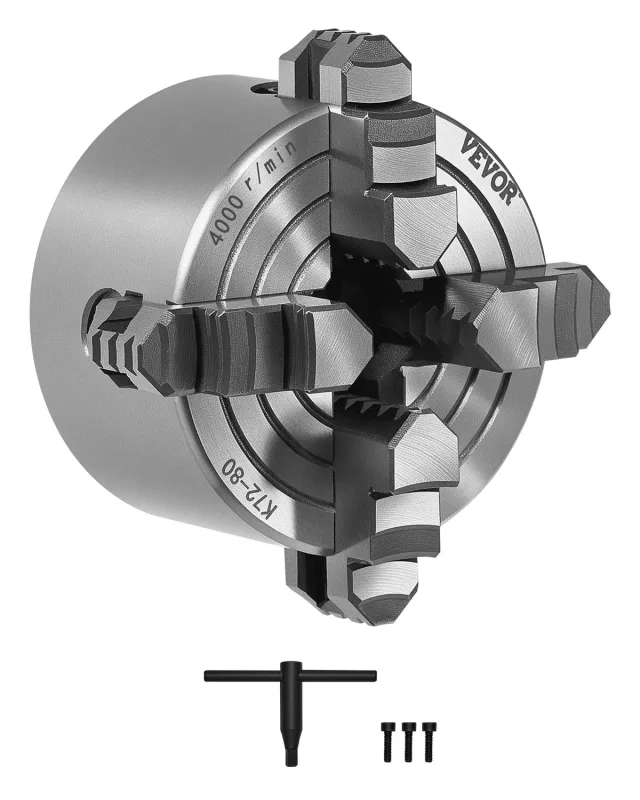 Mandril 4 mordazas 80mm,vevor mordazas reversibles,hierro fundido ht300,rango de sujeción 5-80mm,llave t,sujeción interna y externa,para tornos