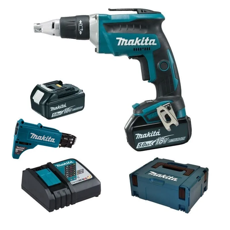 Atornillador automático 18v li-ion 5ah 5 x 25 a 55 mm makita - 2 baterías 1 cargador - en caja - dfs452tjx2