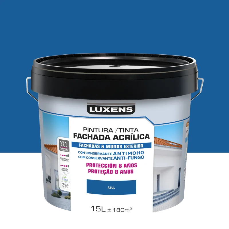 Pintura exterior color azul para hormigón, fachada luxens mate 15l base agua antigoteo