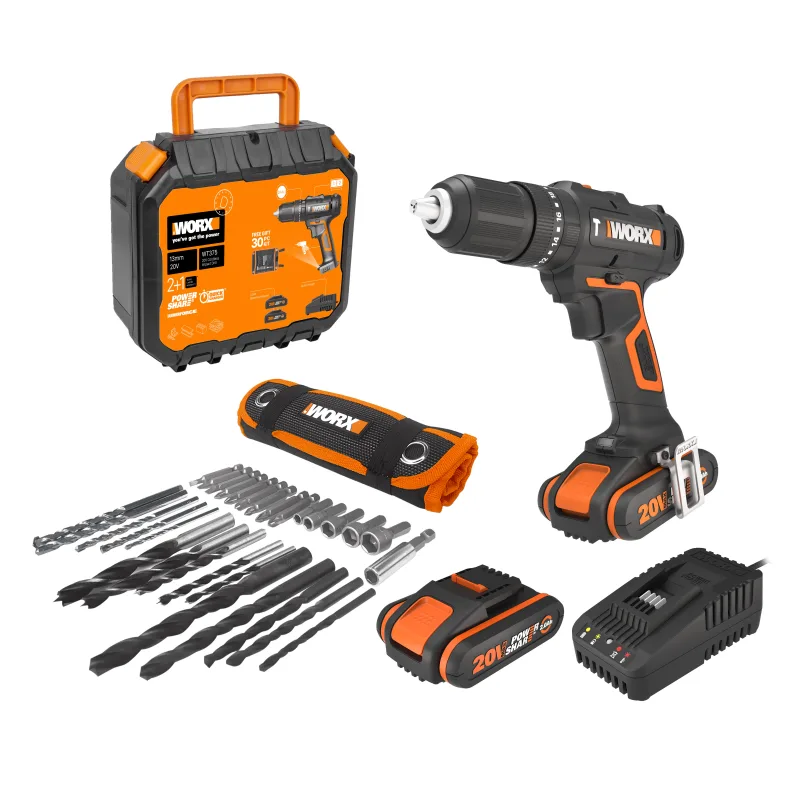 Taladro percutor a batería worx 20v - 2 baterias :2 baterías de 20v y 2,0ah - cargador de batería rápido de 1 hora, 1 estuche enrollable con 30 brocas y puntas, 1 maletín de transporte - powershare