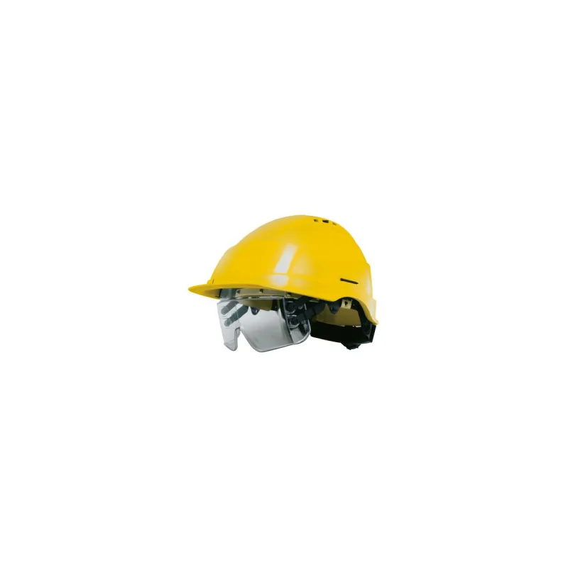 Casco amarillo con máscara integrada bajo la visera singer - casirisjau2
