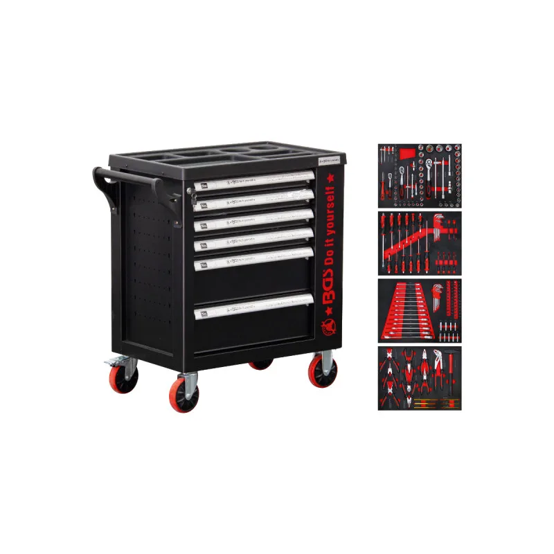 Carro de herramientas | 6 cajones | 1 puerta lateral | con 158 herramientas