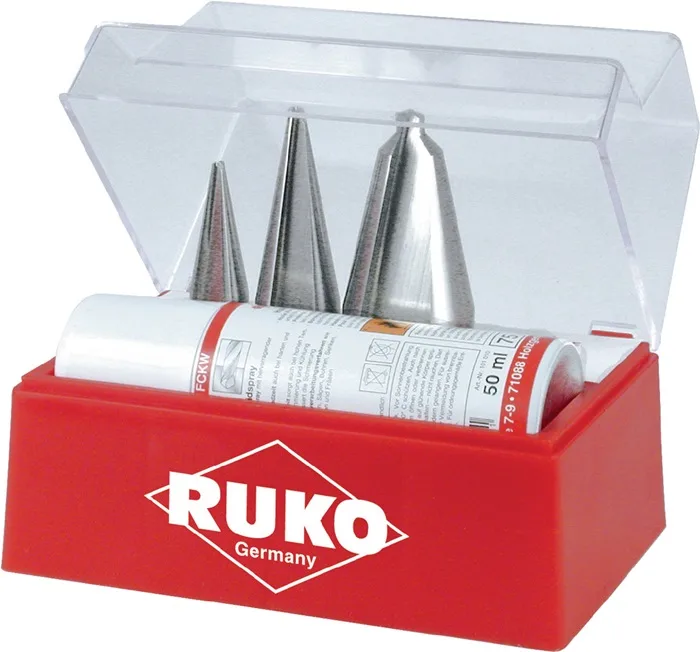Juego 3 brocas cónicas hss + spray de corte 50 ml ruko 101009