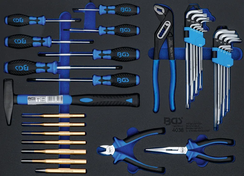 Bandeja para carro 3/3: juego de martillo, alicates, destornilladores | 36 piezas