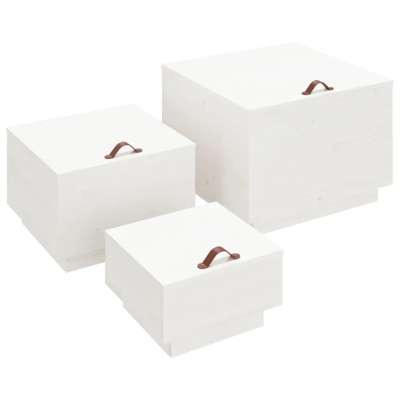 Cajas de almacenamiento de 3 piezas con tapa de madera maciza de pino blanco - comfortxl