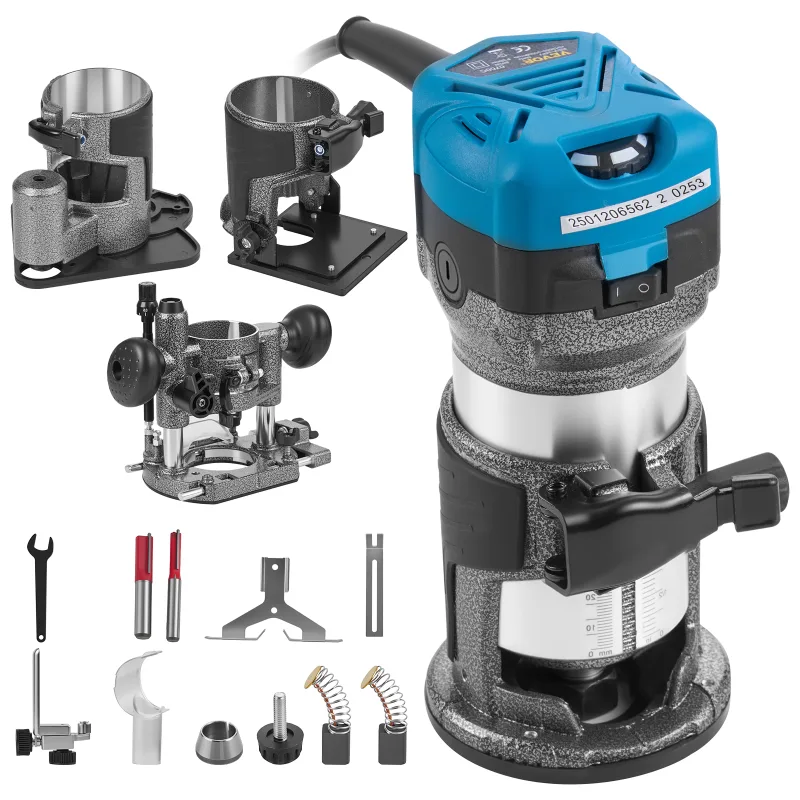 Kit de herramientas succebuy para fresadora de madera 710 w, fresadora eléctrica mano 30.000 rpm, recortadora compacta velocidad variable con 4 bases