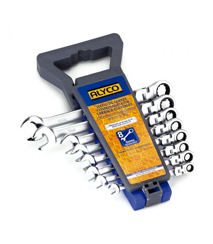 Juego 8 llaves combinado carraca cabeza flexible marca alyco