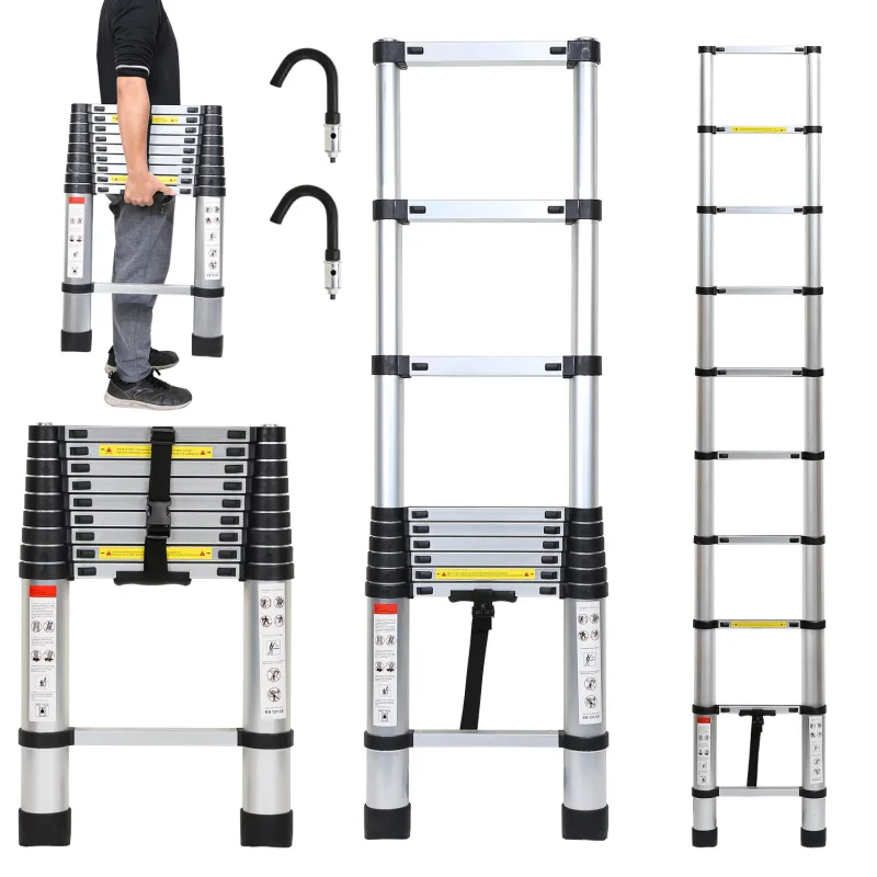 Escalera telescópica 2,6 m plata + gancho extensible de aluminio antideslizante escalera extensible