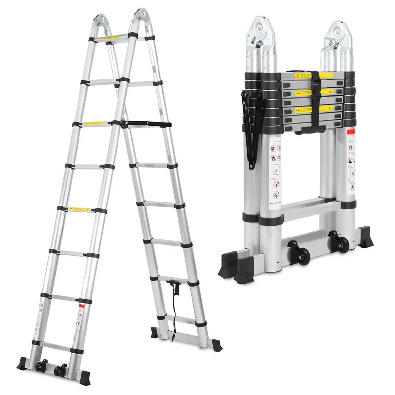 Escalera telescópica de aluminio plateado de 2,5 m + 2,5 m, extensible y antideslizante.