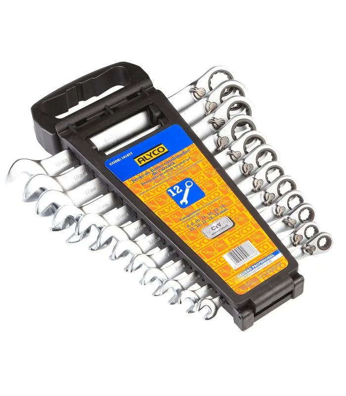 Juego de llaves combinadas con carraca reversible, soporte de plastico marca alyco