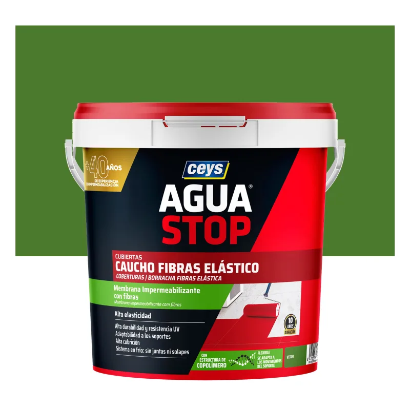 Pintura impermeabilizante exterior aguastop caucho color verde para tejados y terrazas de multimaterial 5kg. acrílico. para impermeabilizar.