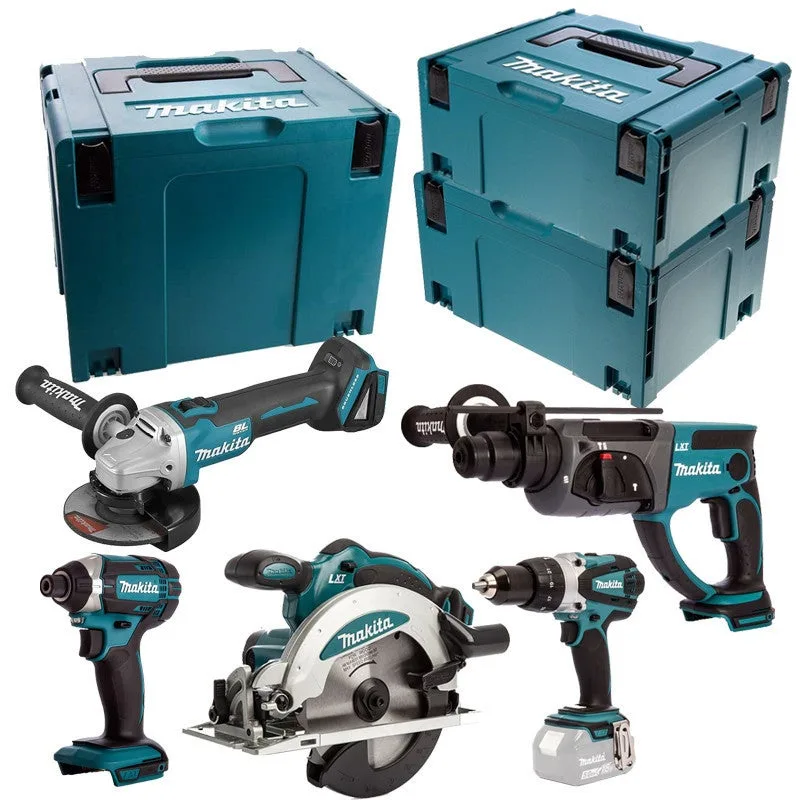 Makita 18v li-ion 5.0 ah taladro + atornillador + taladro de impacto + amoladora + sierra circular - dlx5039ptj