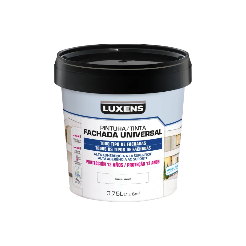 Pintura exterior color blanco para hormigón, revestimiento, ladrillo, fachada luxens mate 750ml base agua microporosa