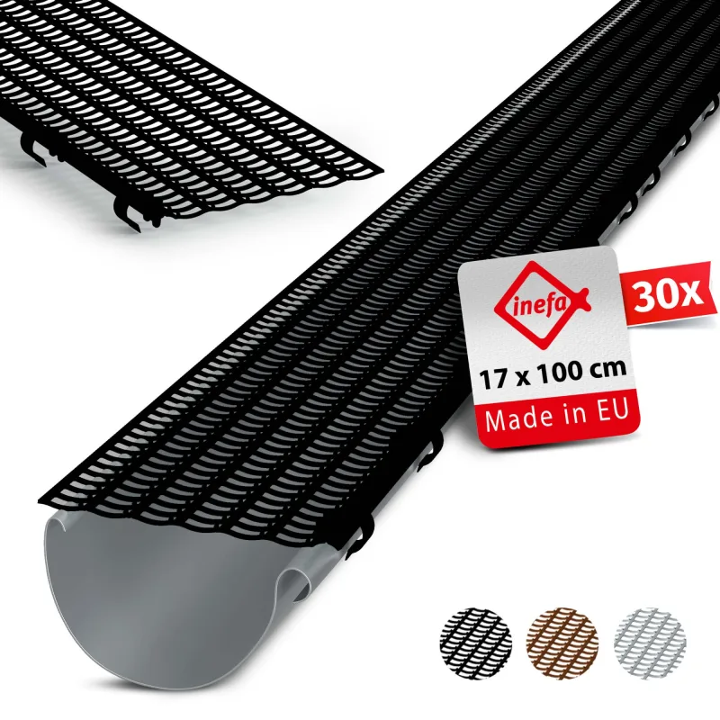 30x tiras de protección contra hojas para canalones 100 cm, nw100-150 (ø100-160 mm), negro - cubierta para canalón inefa