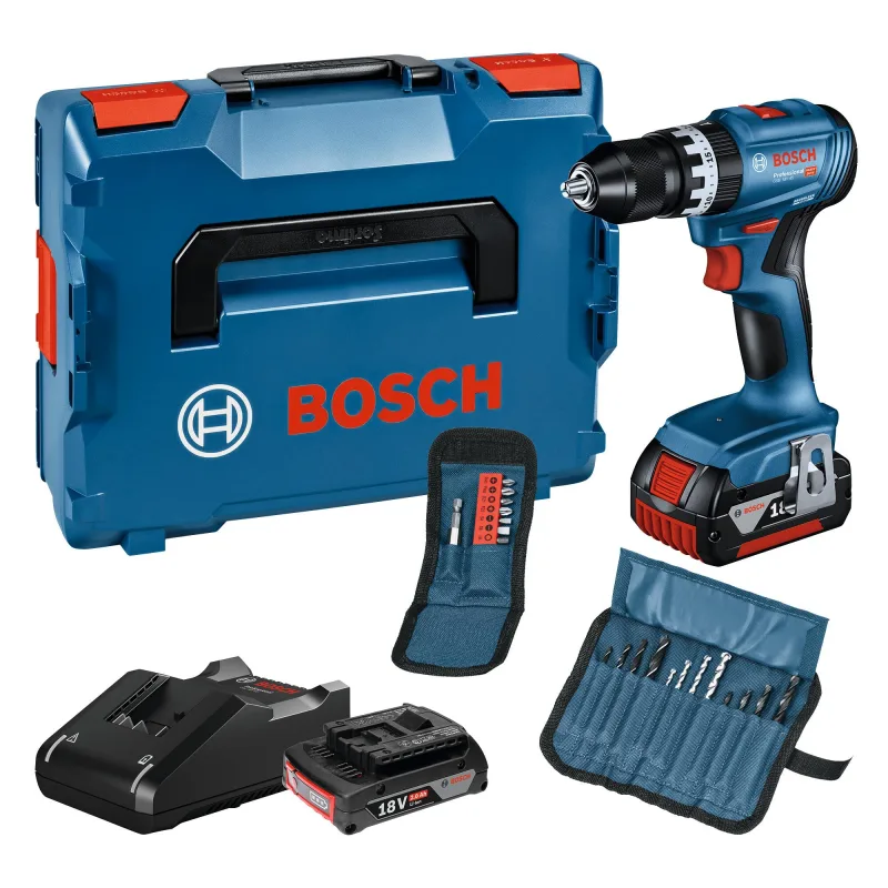 Taladro percutor a batería bosch professional 18v brushless - 2 baterías (1 x 4.0 ah + 1 x 2.0 ah) - incluye set brocas y puntas - gsb 18v-45