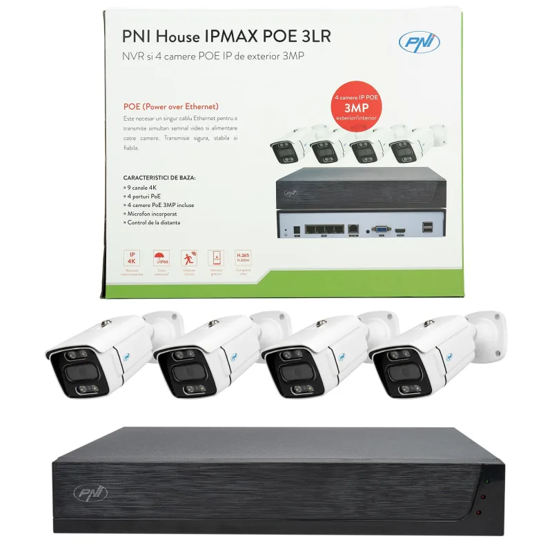 Kit de videovigilancia pni house ipmax poe 3lr, nvr con 4 puertos poe y 10 en la red, onvif y 4 cámaras ip 3mp, power over ethernet