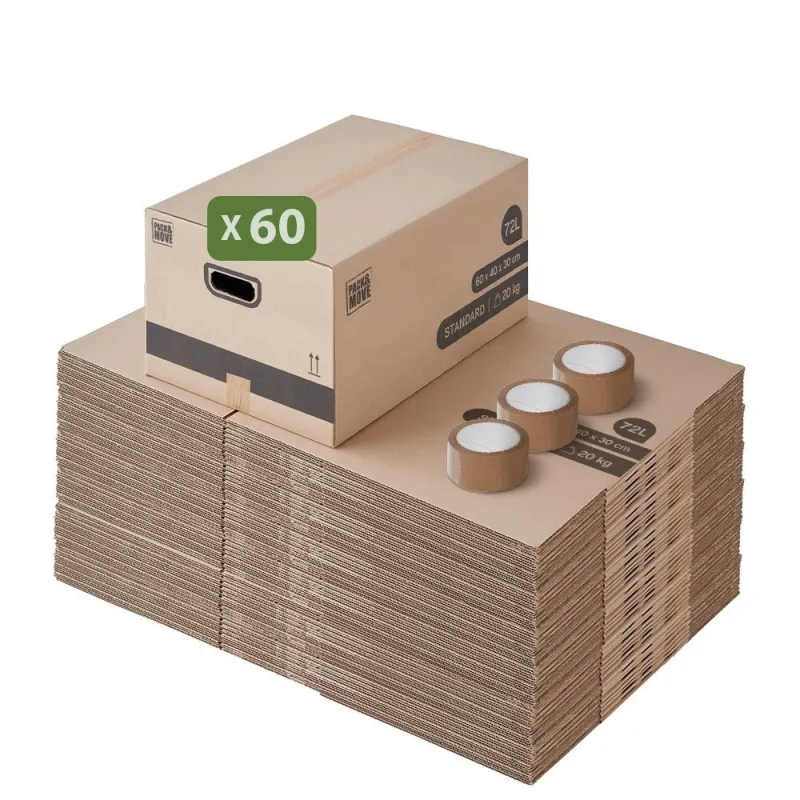 Pack and move - set de 60 cajas de mudanza m - 60 x 40 x 30 cm - asas reforzadas - 3 adhesivos gratis