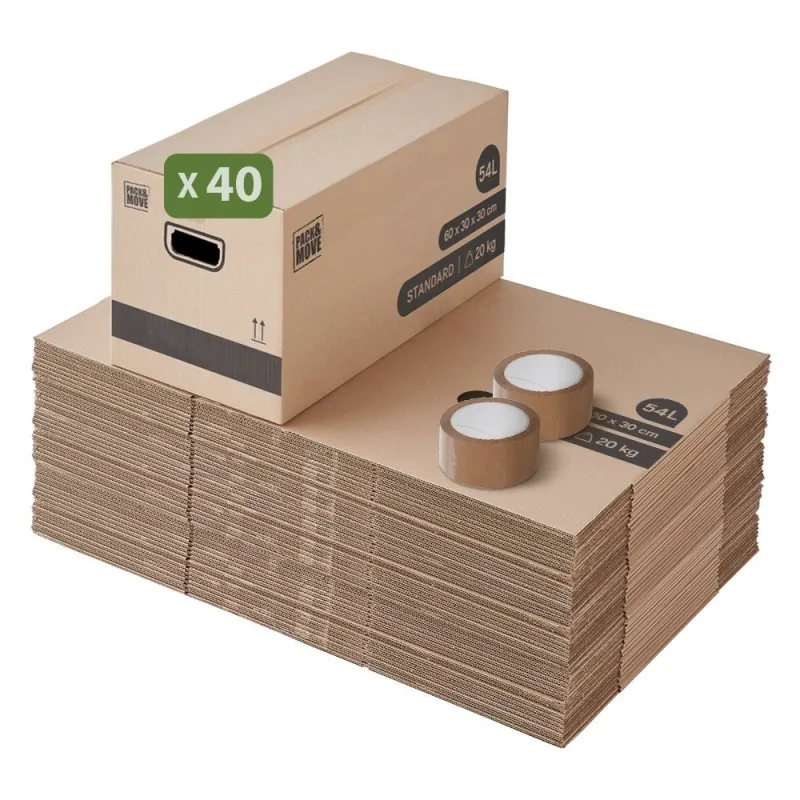 Pack and move - set de 40 cajas de mudanza de almacenaje estándar - 60 x 30 x 30 cm - asas reforzadas - 2 adhesivos gratis
