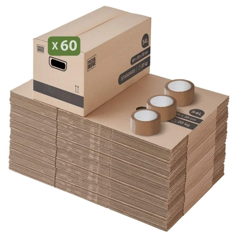 Pack and move - set de 60 cajas de mudanza de almacenaje estándar - 60 x 30 x 30 cm - asas reforzadas - 3 adhesivos gratis