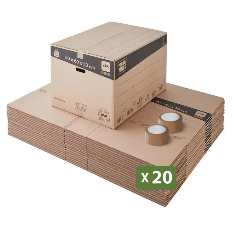 Pack and move - set de 20 cajas de mudanza xxl - 80 x 60 x 50 cm - asas reforzadas - 2 adhesivos gratis