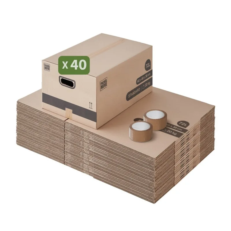 Pack and move - set de 40 cajas de mudanza m - 60 x 40 x 30 cm - asas reforzadas - 2 adhesivos gratis