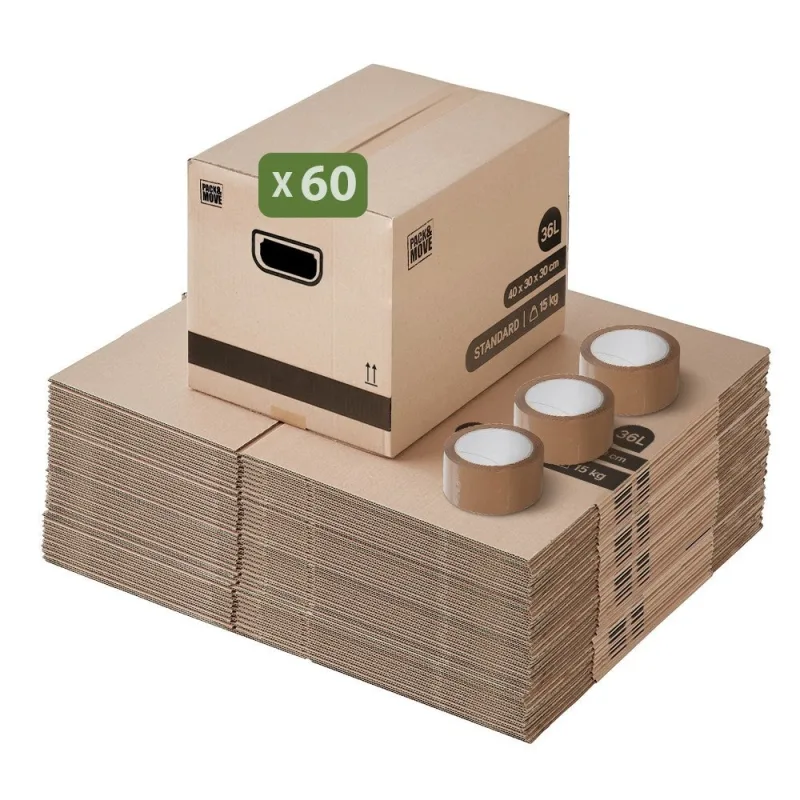 Pack and move - set de 60 cajas de mudanza para guardar libros - 40 x 30 x 30 cm - asas reforzadas - 3 adhesivos gratis