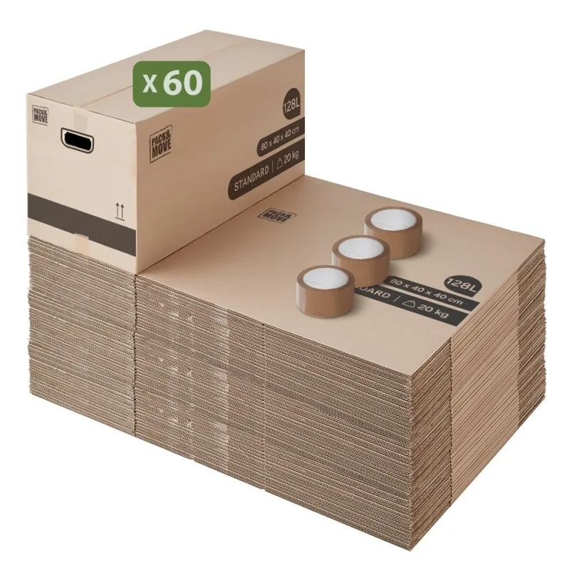 Pack and move - pack de 60 cajas de mudanza xl - 80 x 40 x 40 cm - asas reforzadas - 3 adhesivos gratis