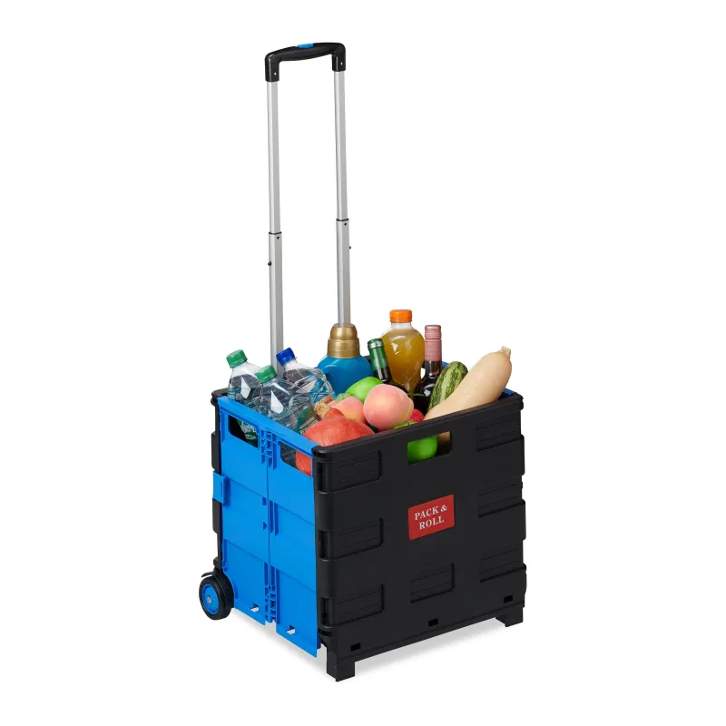10 carritos compra plegables, 2 ruedas, cajas transporte, hasta 35 kg, 98 x 45,5 x 37 cm, plástico-aluminio, azul