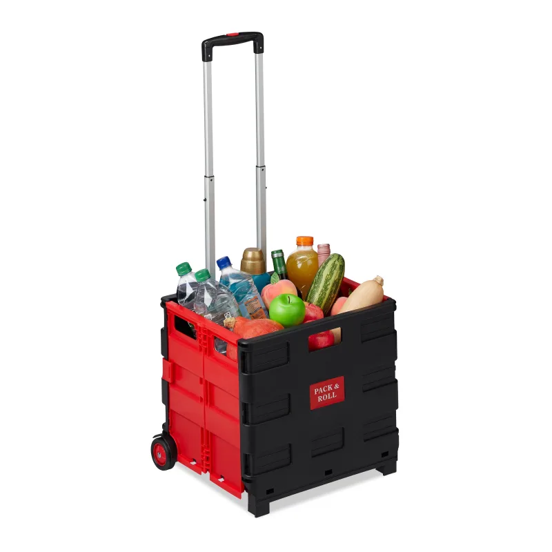 10 carritos compra plegables, 2 ruedas, cajas transporte, hasta 35 kg, 98 x 45,5 x 37 cm, plástico-aluminio, rojo