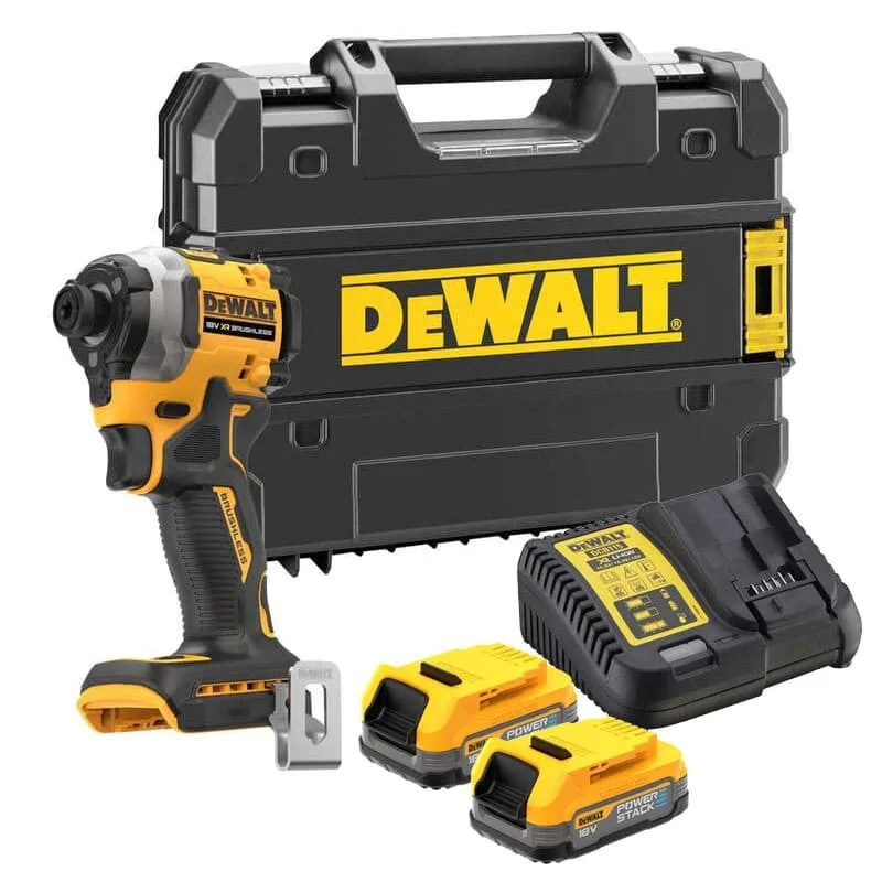 Dewalt dcf850e2t-qw - atornillador impacto compacto sin escobillas xr 18v 1/4 205nm con 2 baterias powerstack y maletin tstak
