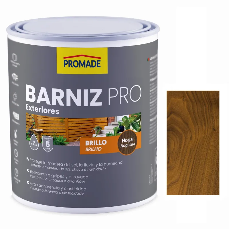 Barniz de madera de exterior color nogal para caseta de jardín, mobiliario, puerta, ventana promade brillante 750 ml base agua