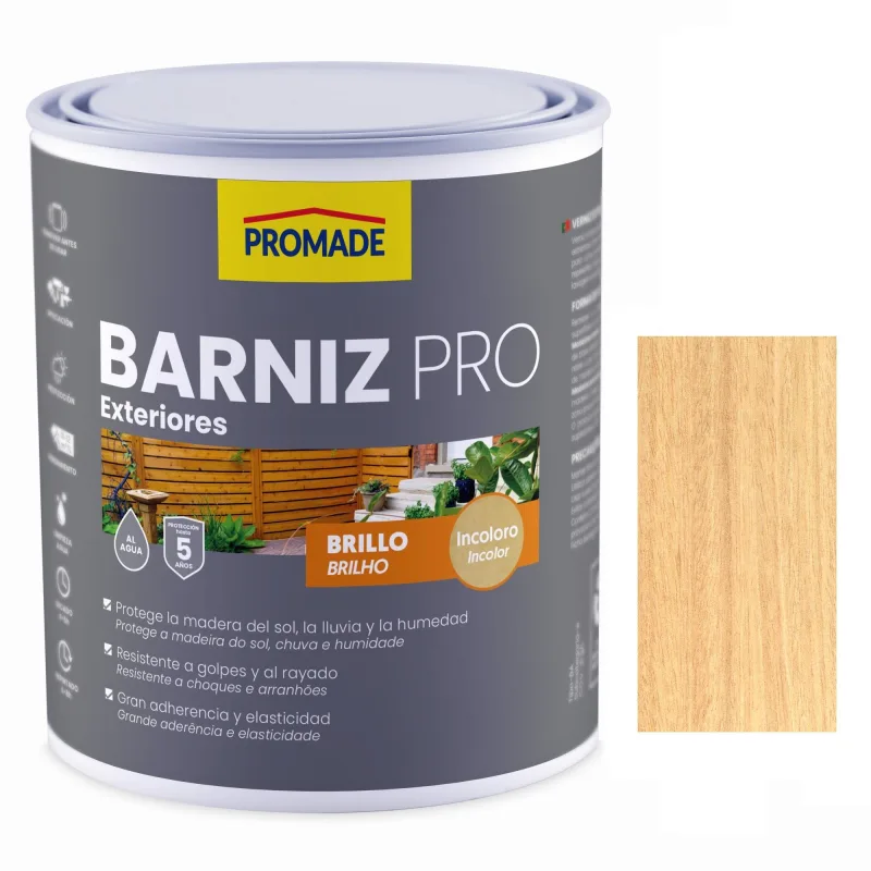 Barniz de madera de exterior color incoloro para caseta de jardín, mobiliario, puerta, ventana promade brillante 4l base agua