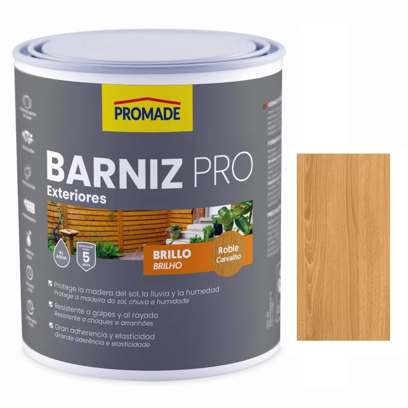 Barniz de madera de exterior color roble para caseta de jardín, mobiliario, puerta, ventana promade brillante 4l base agua