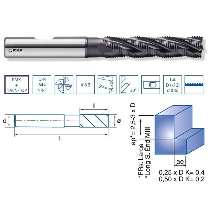 Izar 45564 - fresa desbaste fino pmx din844nrf larga nz tialcn 10.00 mm