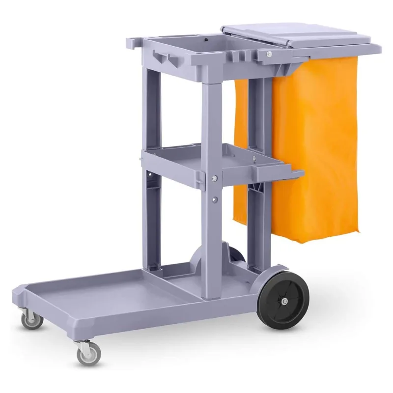 Carro de limpieza profesional plástico con tres bandejas con saco de vinilo de 100 lt. más tapadera. medidas 120x52x96 cm. (l x f x a). pamex®