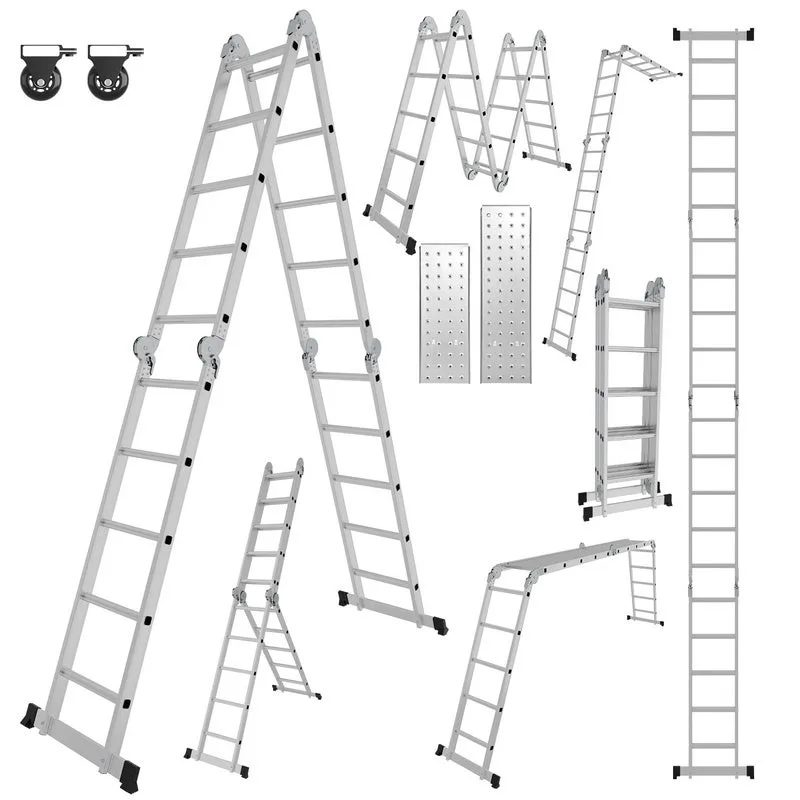 Escalera telescópica multifuncional de aluminio de 582 cm con plataforma multiusos, plegable, soporta hasta 150 kg