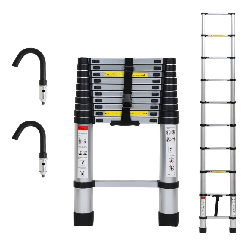 Escalera telescópica 3,2 m plateada + gancho de escalera de aluminio escalera deslizante antideslizante escalera extensible extensible