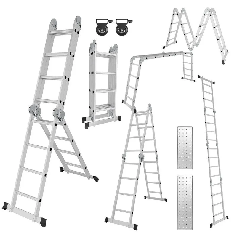 Escalera multifunción de aluminio 470cm escalera telescópica con plataforma multiusos escalera plegable hasta 150kg