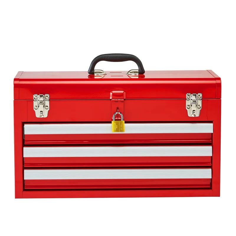 Caja herramientas portátil metal succebuy 20,5  con 3 cajones,revestimiento de eva,cierre y recubrimiento en polvo,para herramientas,color rojo