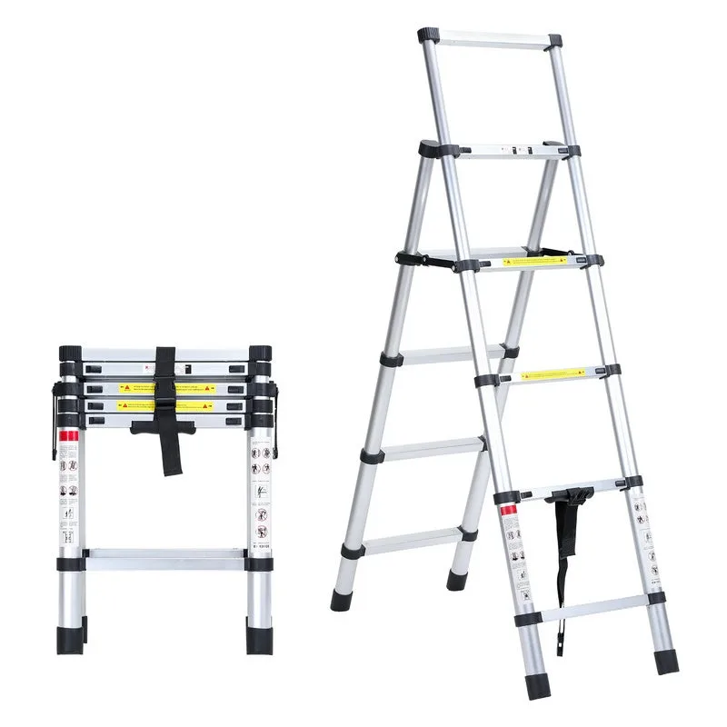 Escala telescópica de aluminio escala multiuso 1.4m+1.7m escala plegable estable escabeau de aluminio hasta 150kg plata