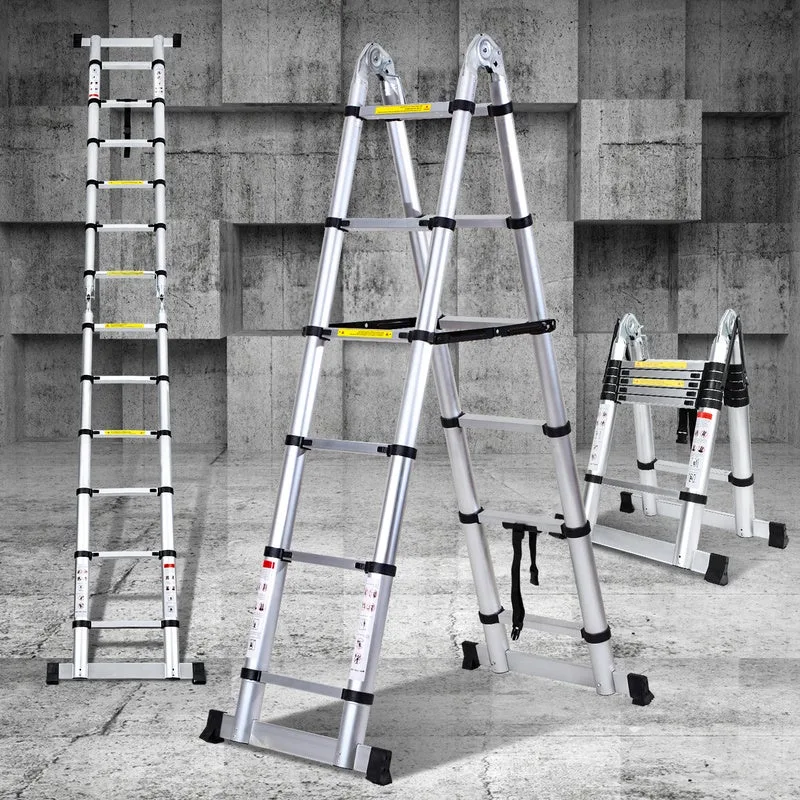 Escala telescópica 1.9m+1.9m escala telescópica plata en aluminio, escala plegable carga máxima 150kg escala plegable