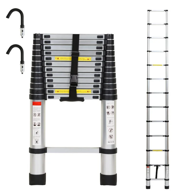 Escala telescópica 3,8m plata + ganchillo en aluminio,escala carga máxima 150kg escala