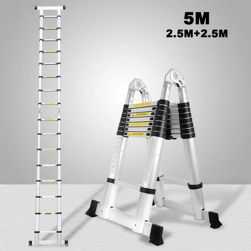 Escala telescópica 2.5m+2.5m escala telescópica plata en aluminio, escala plegable carga máxima 150kg escala plegable